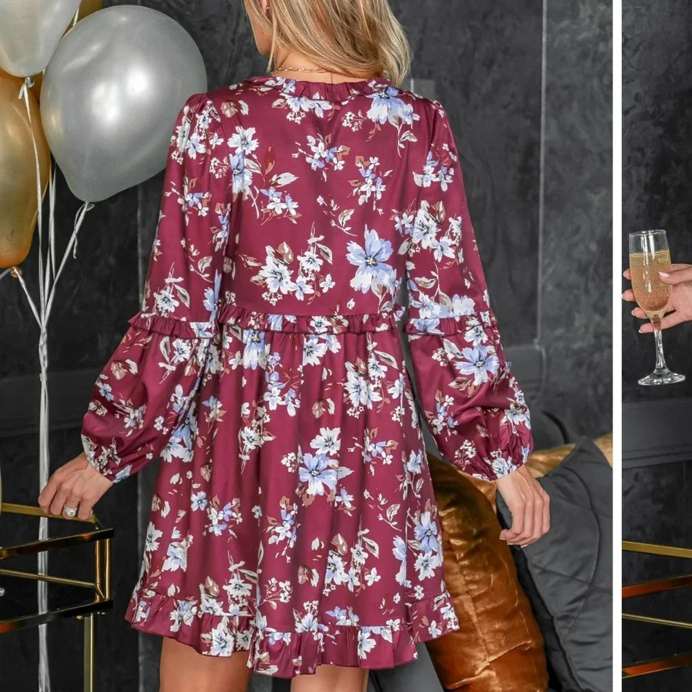 NWT Cupshe Floral Blouson Sleeve Dress - Sz L - Picture 2 of 6